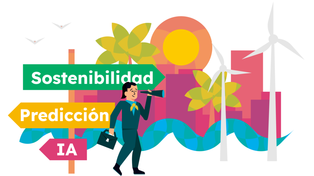 Ilustración de una persona sujetando un catalejo por donde mira y un maletín, detrás se encuentra una ciudad, molinos de viento y palmeras, hay un cartel que pone las palabras sostenibilidad, predicción e IA